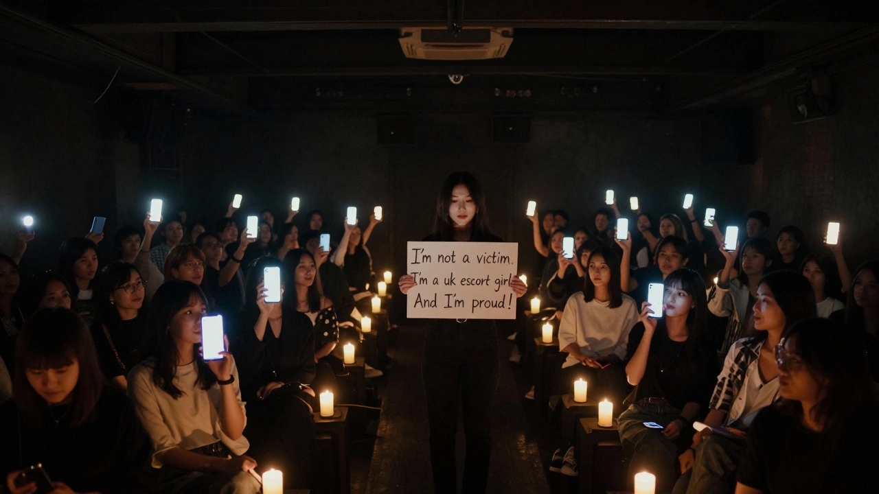 A crowd holding up phones as light sources, illuminating a woman with a proud sign on stage.